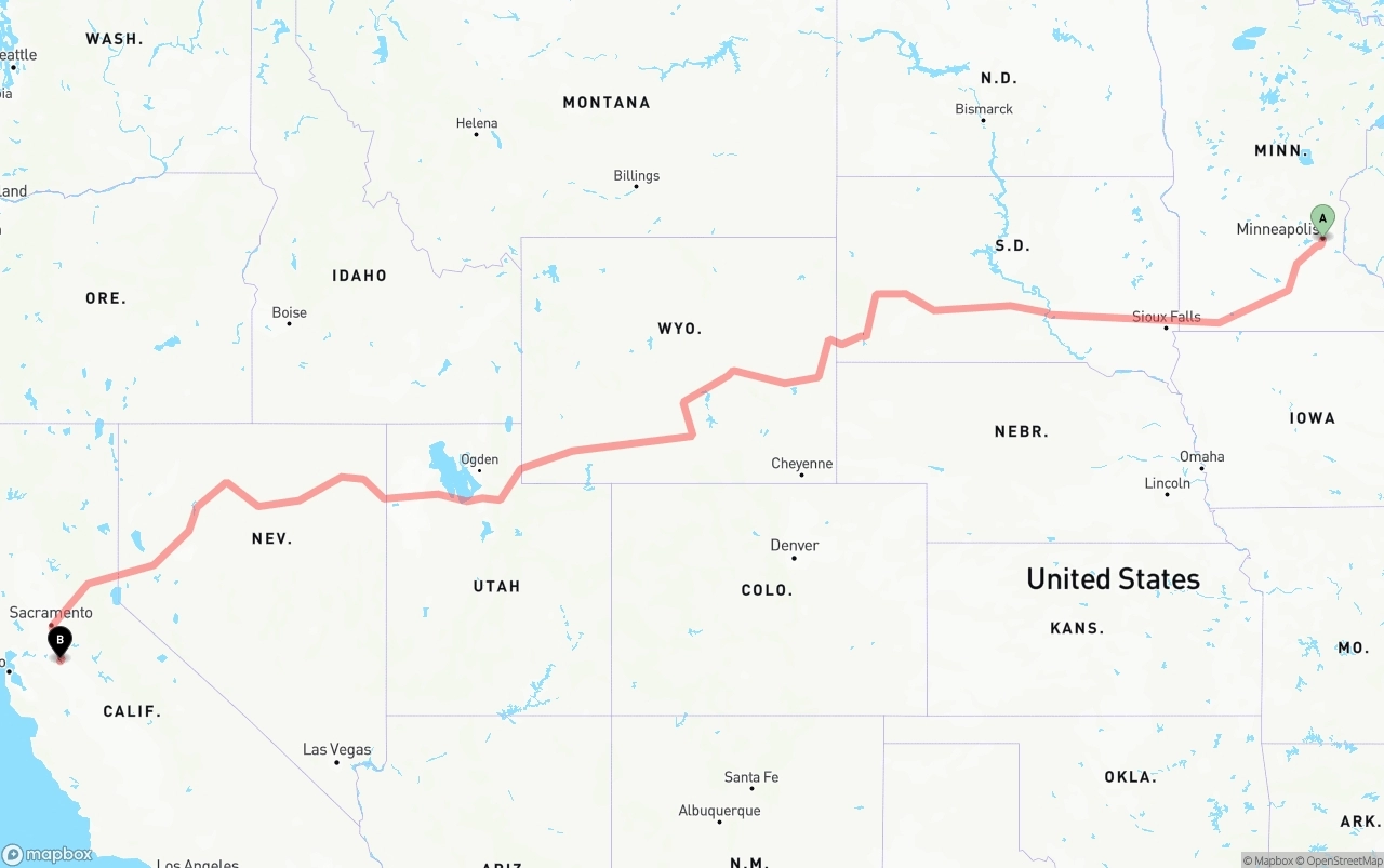 Shipping route from Minneapolis to Stockton