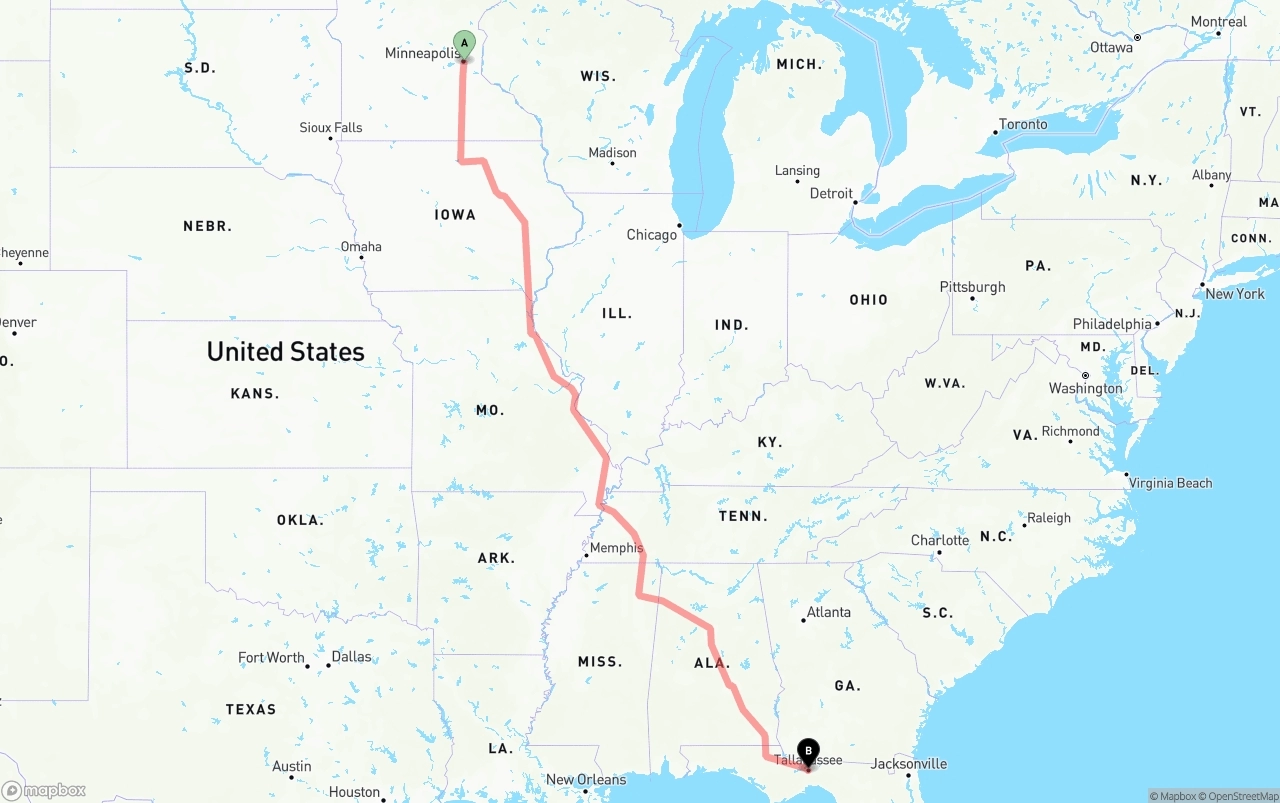Shipping route from Minneapolis to Tallahassee