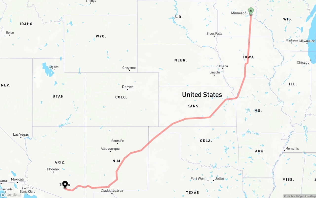 Shipping route from Minneapolis to Tucson International Airport