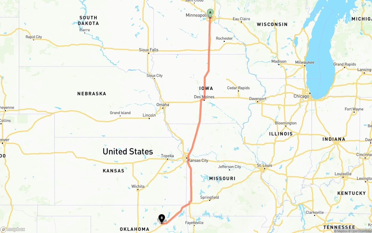 Shipping route from Minneapolis to Tulsa
