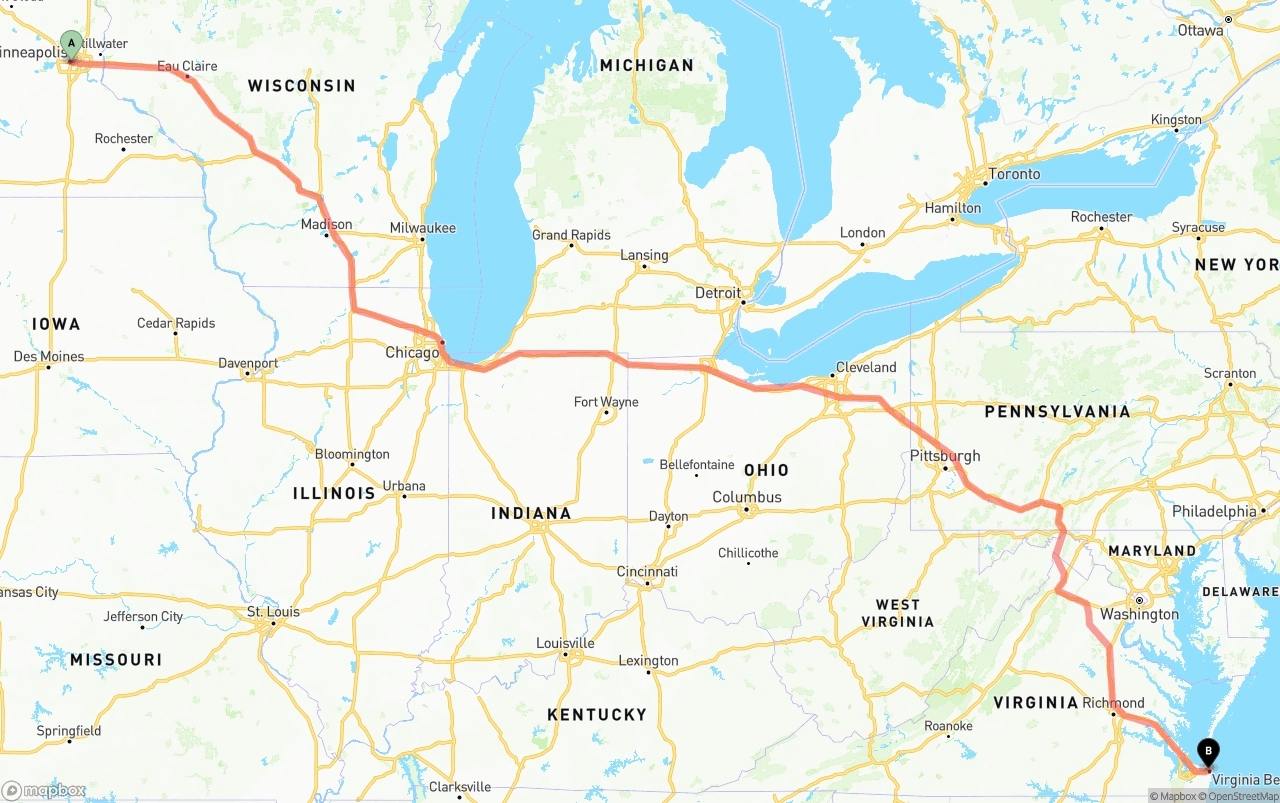 Shipping route from Minneapolis to Virginia Beach