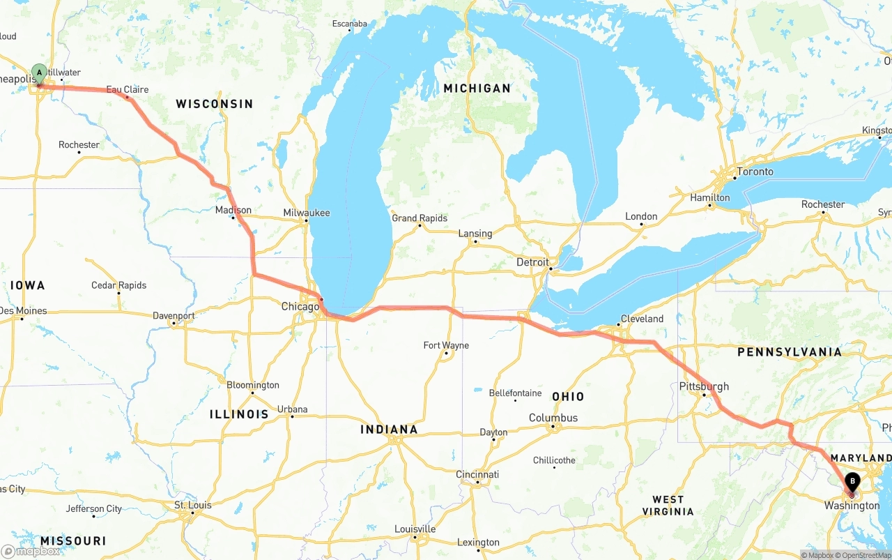 Shipping route from Minneapolis to Washington D.C.