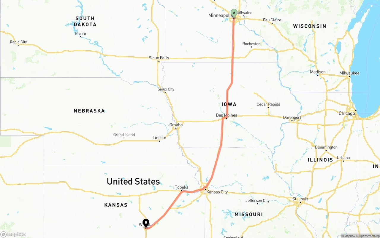 Shipping route from Minneapolis to Wichita