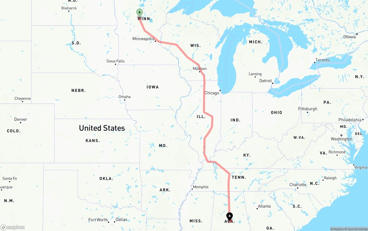 Shipping route from Minnesota to Alabama