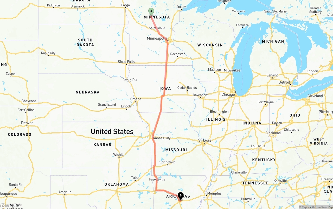 Shipping route from Minnesota to Arkansas
