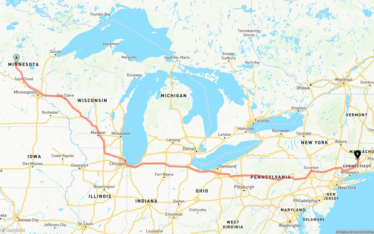 Shipping route from Minnesota to Bradley International Airport