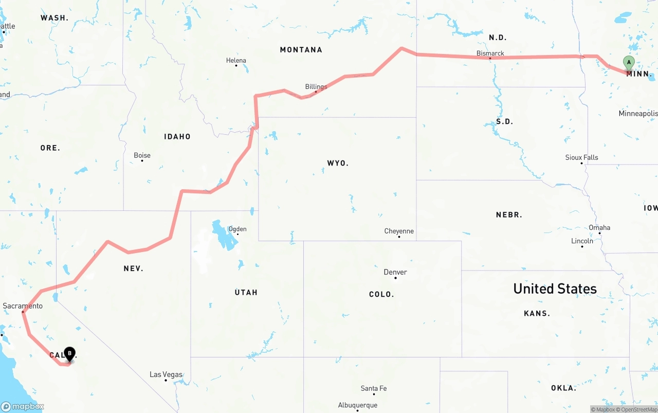 Shipping route from Minnesota to California