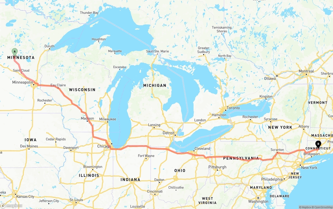 Shipping route from Minnesota to Connecticut