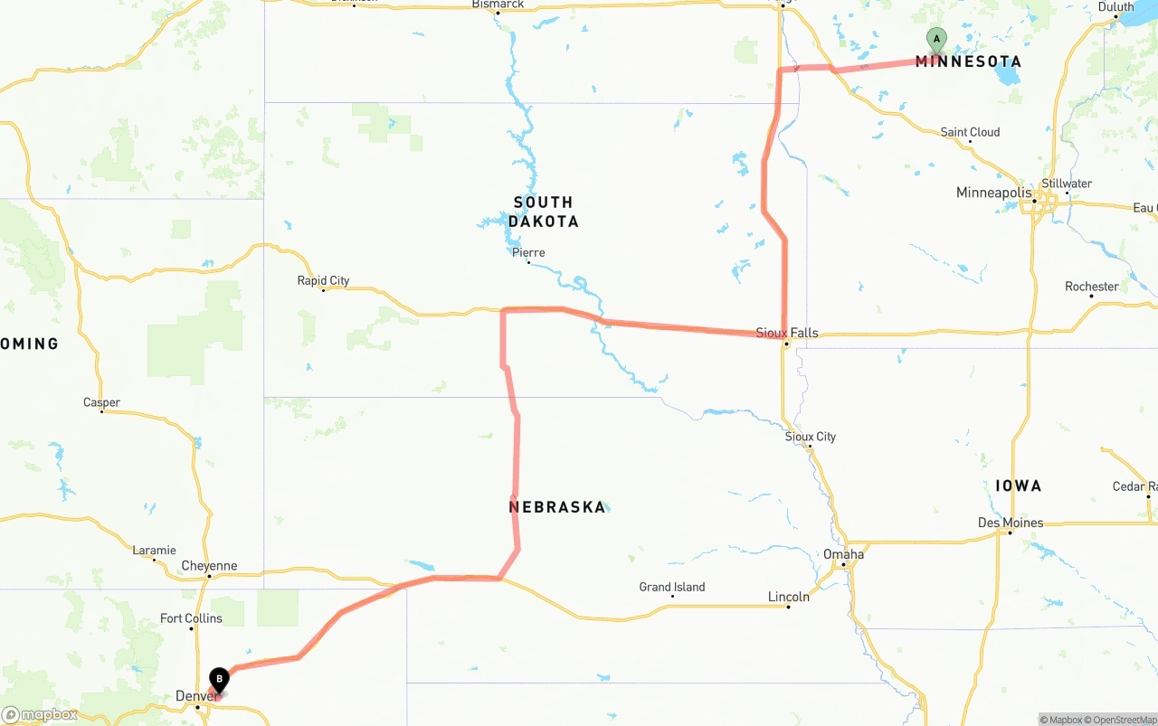 Shipping route from Minnesota to Denver International Airport