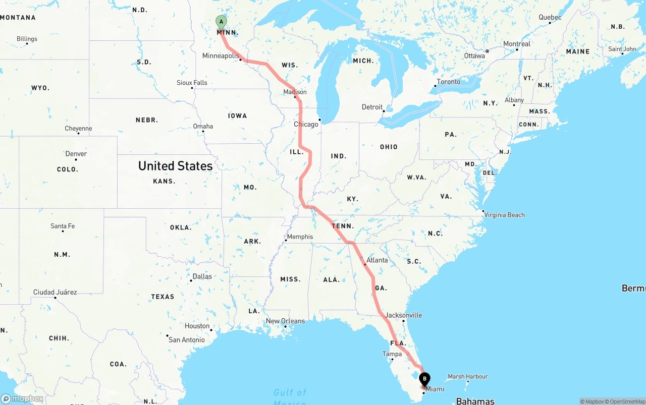 Shipping route from Minnesota to Fort Lauderdale-Hollywood International Airport