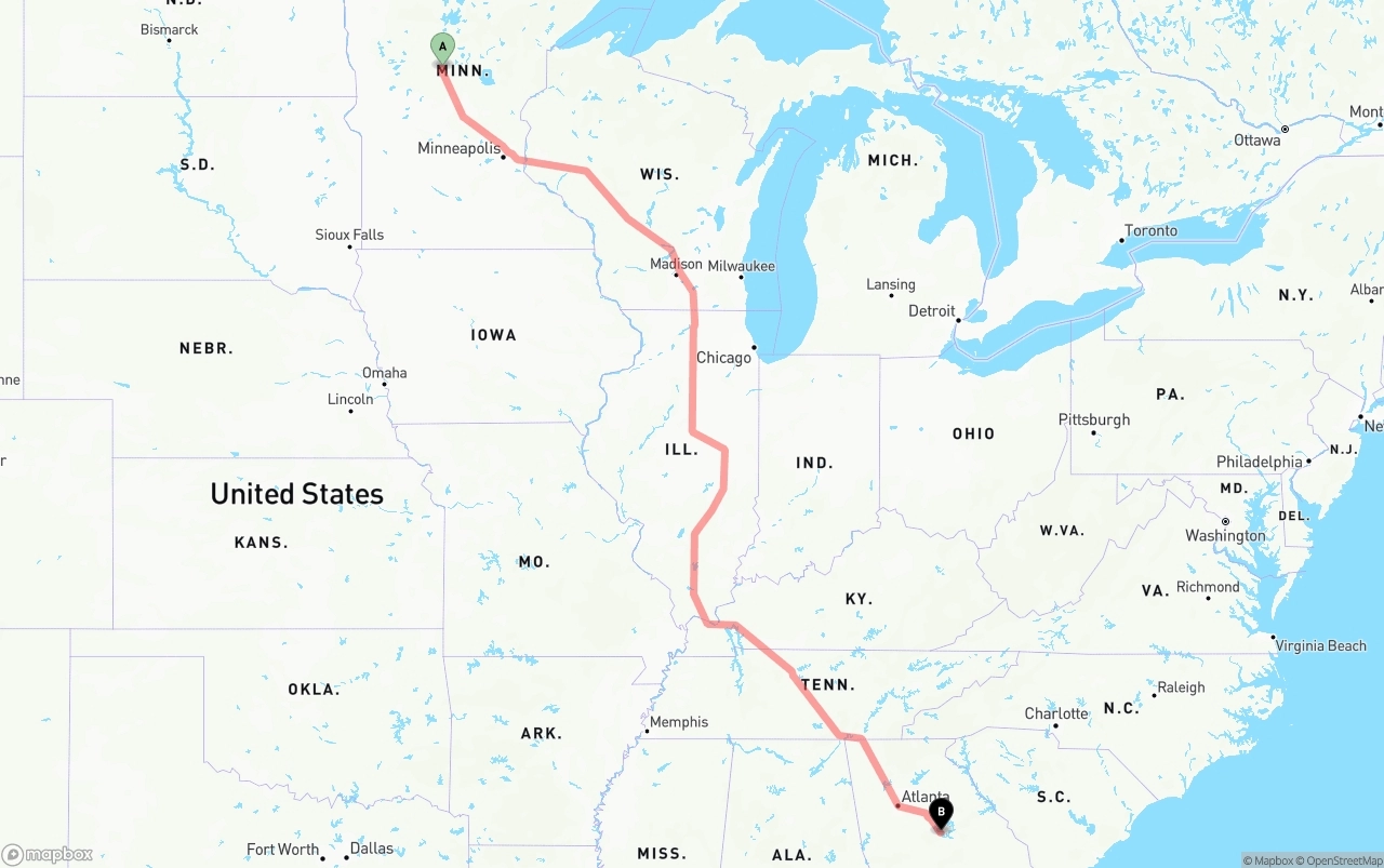 Shipping route from Minnesota to Georgia