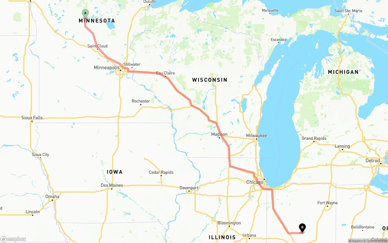 Shipping route from Minnesota to Indiana
