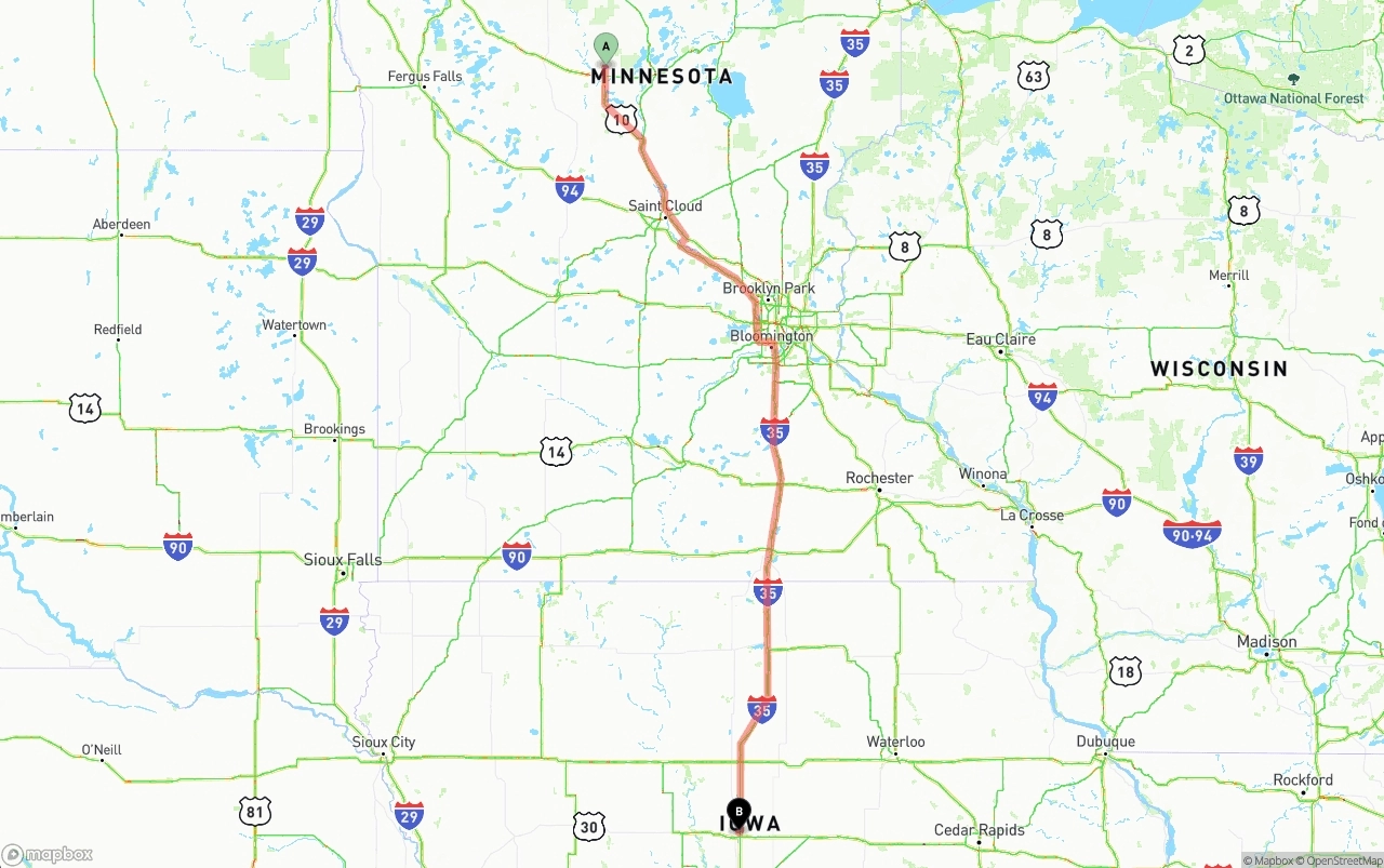 Shipping route from Minnesota to Iowa