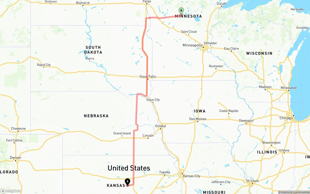 Shipping route from Minnesota to Kansas