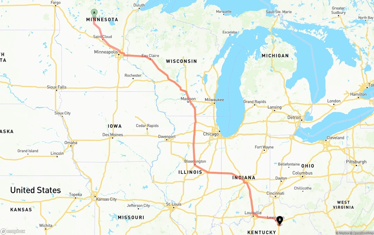 Shipping route from Minnesota to Kentucky