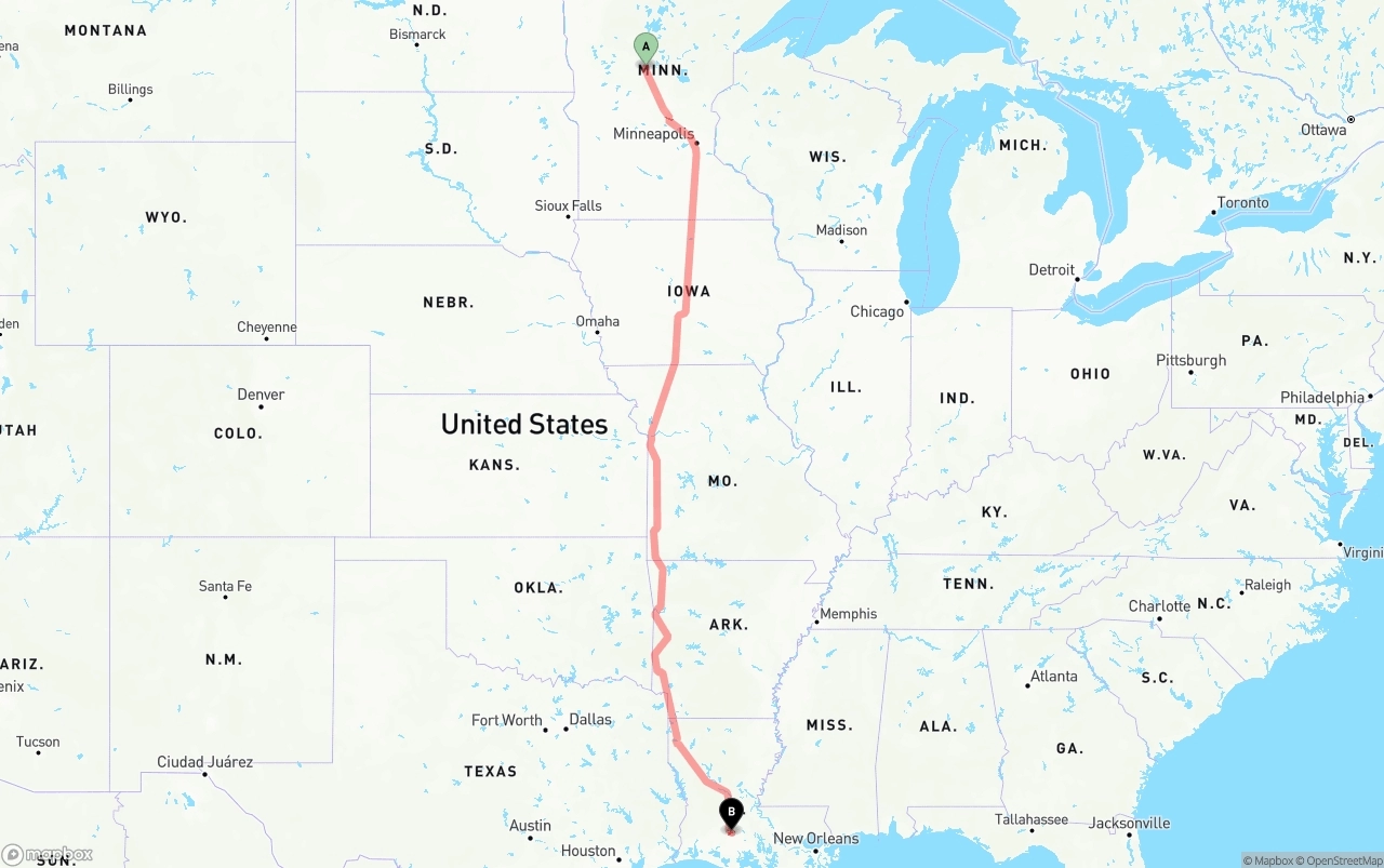 Shipping route from Minnesota to Louisiana