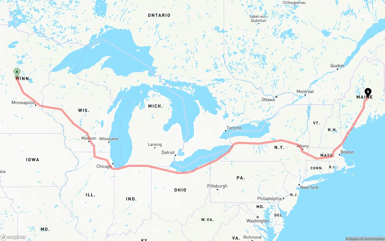 Shipping route from Minnesota to Maine