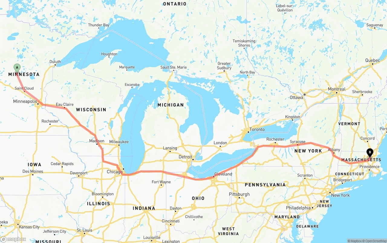 Shipping route from Minnesota to Massachusetts