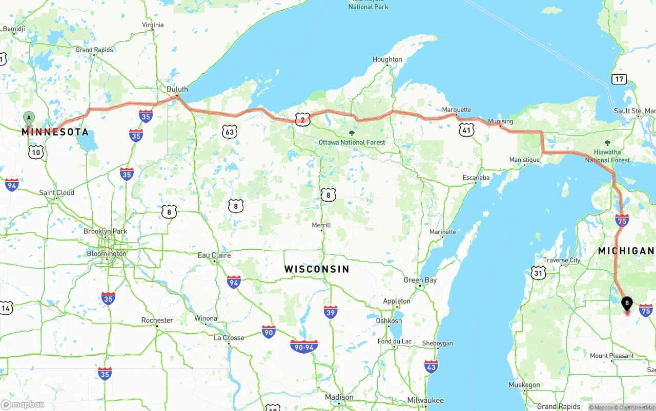 Shipping route from Minnesota to Michigan