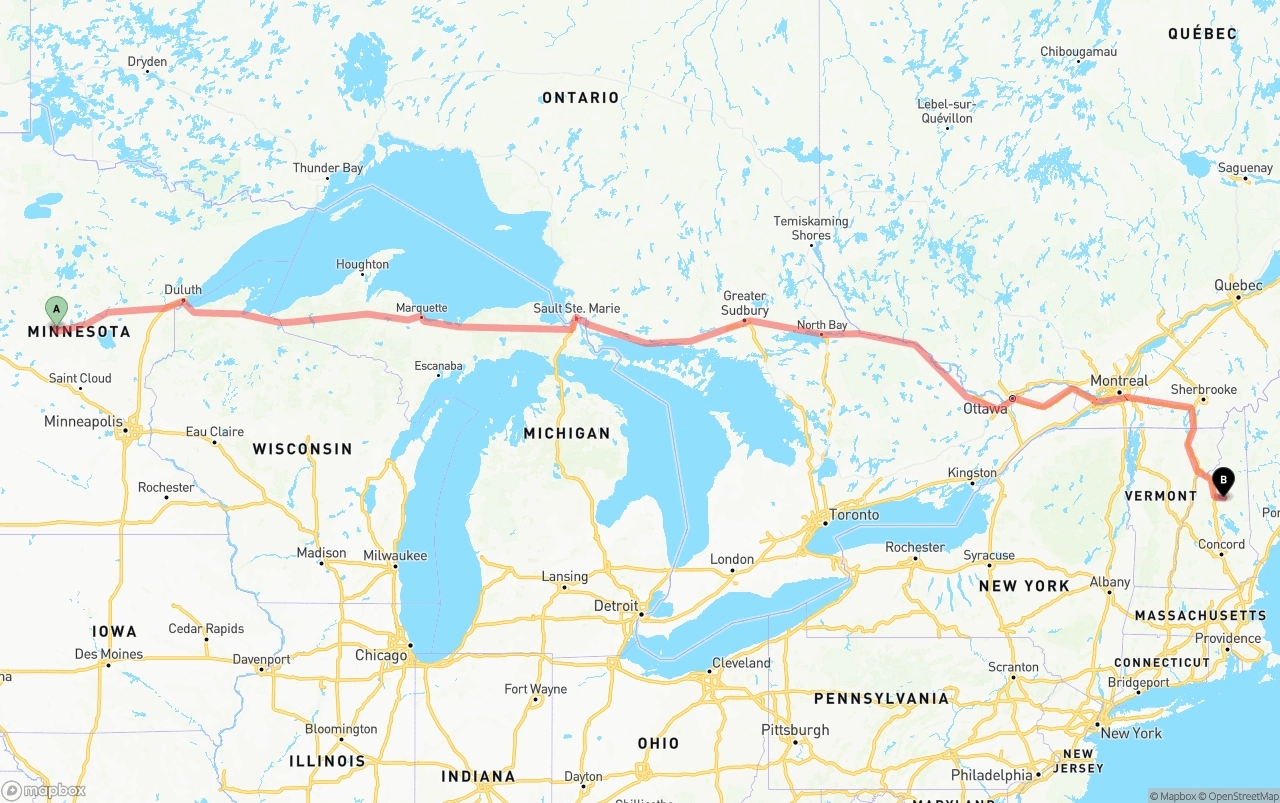 Shipping route from Minnesota to New Hampshire