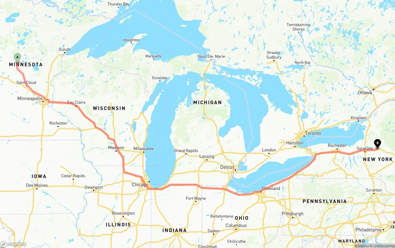 Shipping route from Minnesota to New York