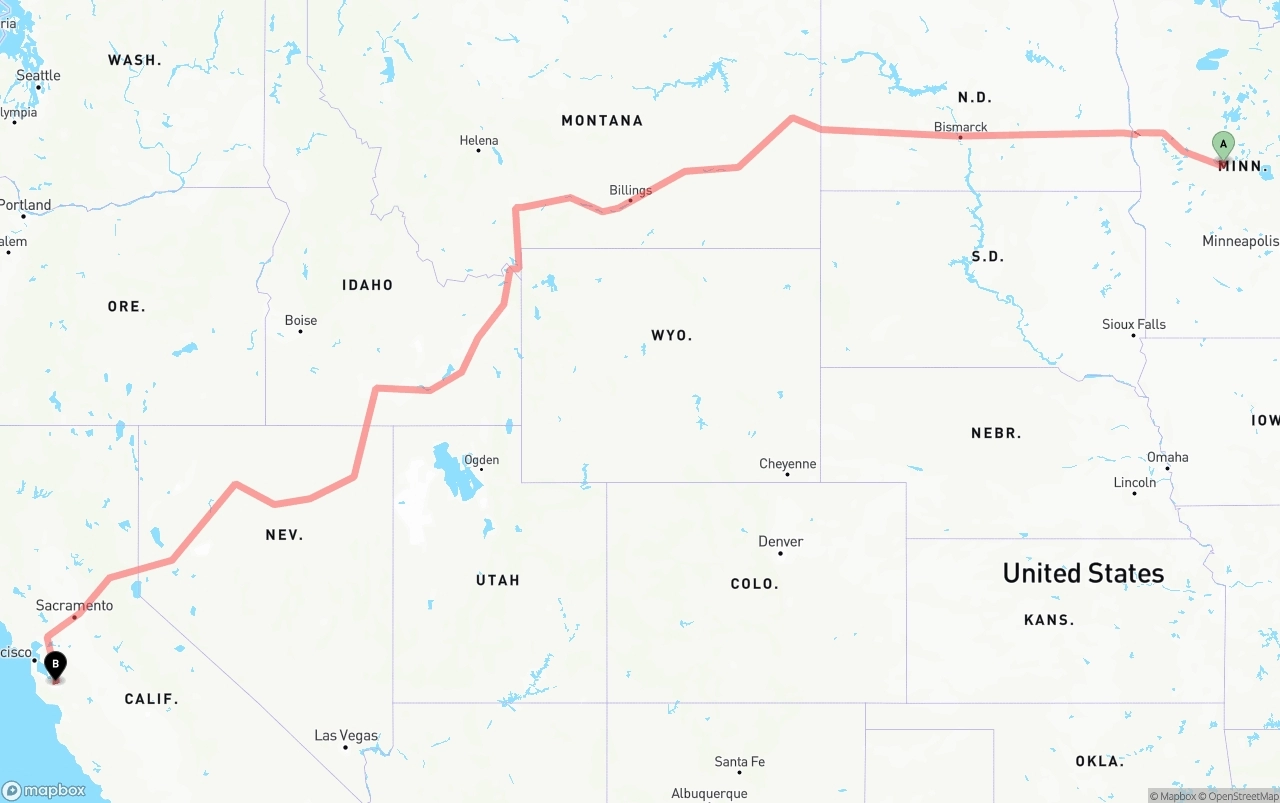 Shipping route from Minnesota to Norman Y. Mineta San Jose International Airport