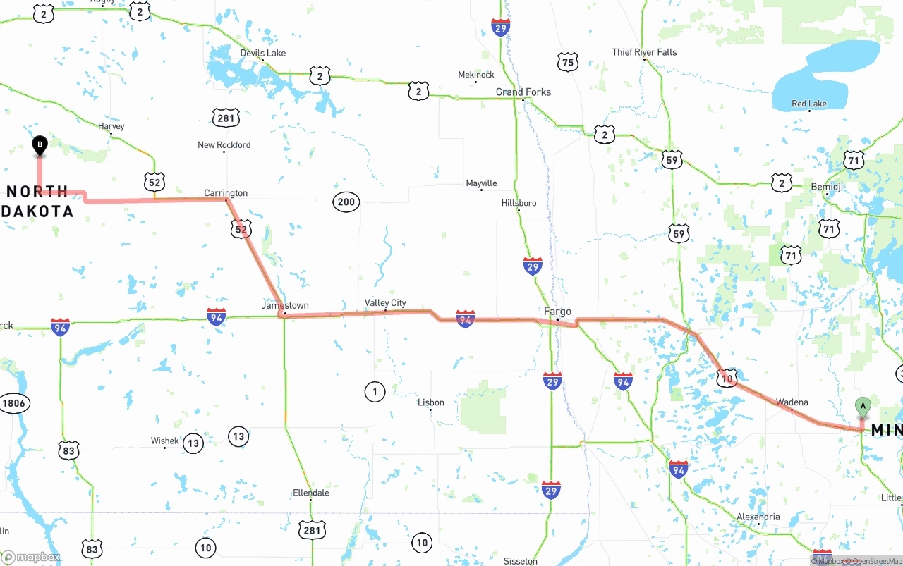 Shipping route from Minnesota to North Dakota