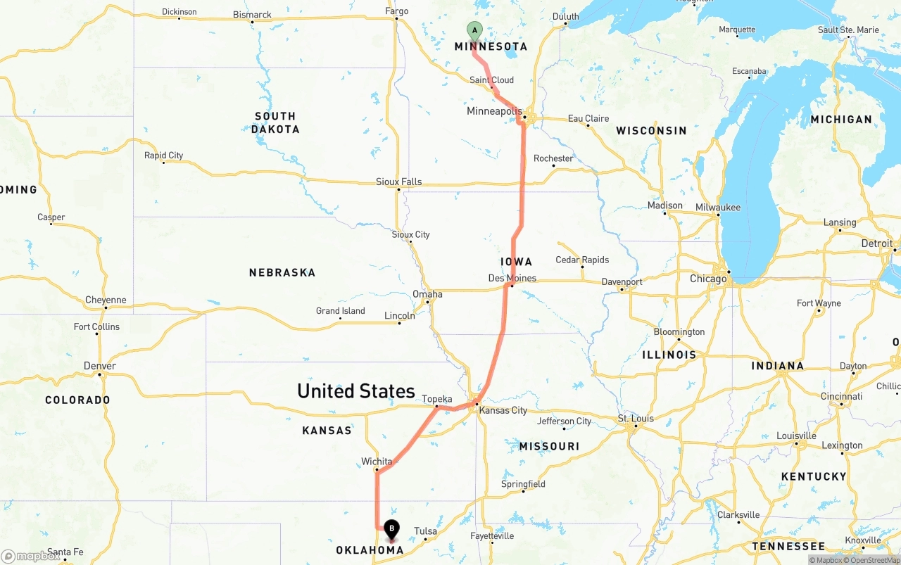 Shipping route from Minnesota to Oklahoma