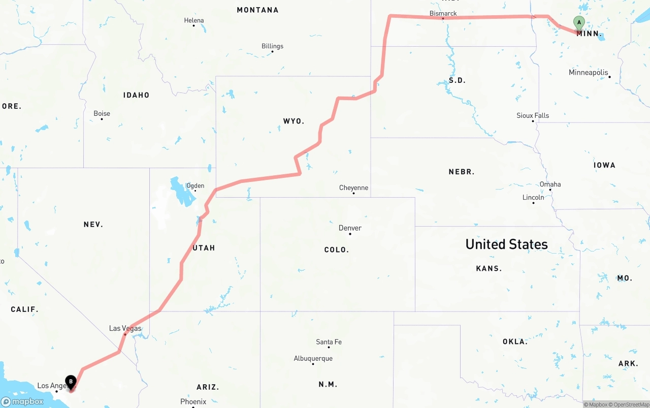 Shipping route from Minnesota to Ontario International Airport