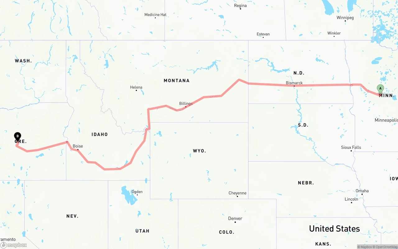 Shipping route from Minnesota to Oregon