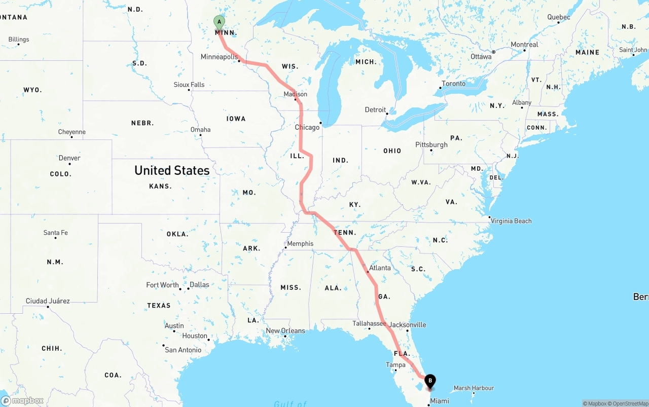 Shipping route from Minnesota to Palm Beach International Airport