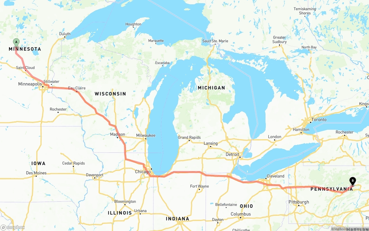 Shipping route from Minnesota to Pennsylvania