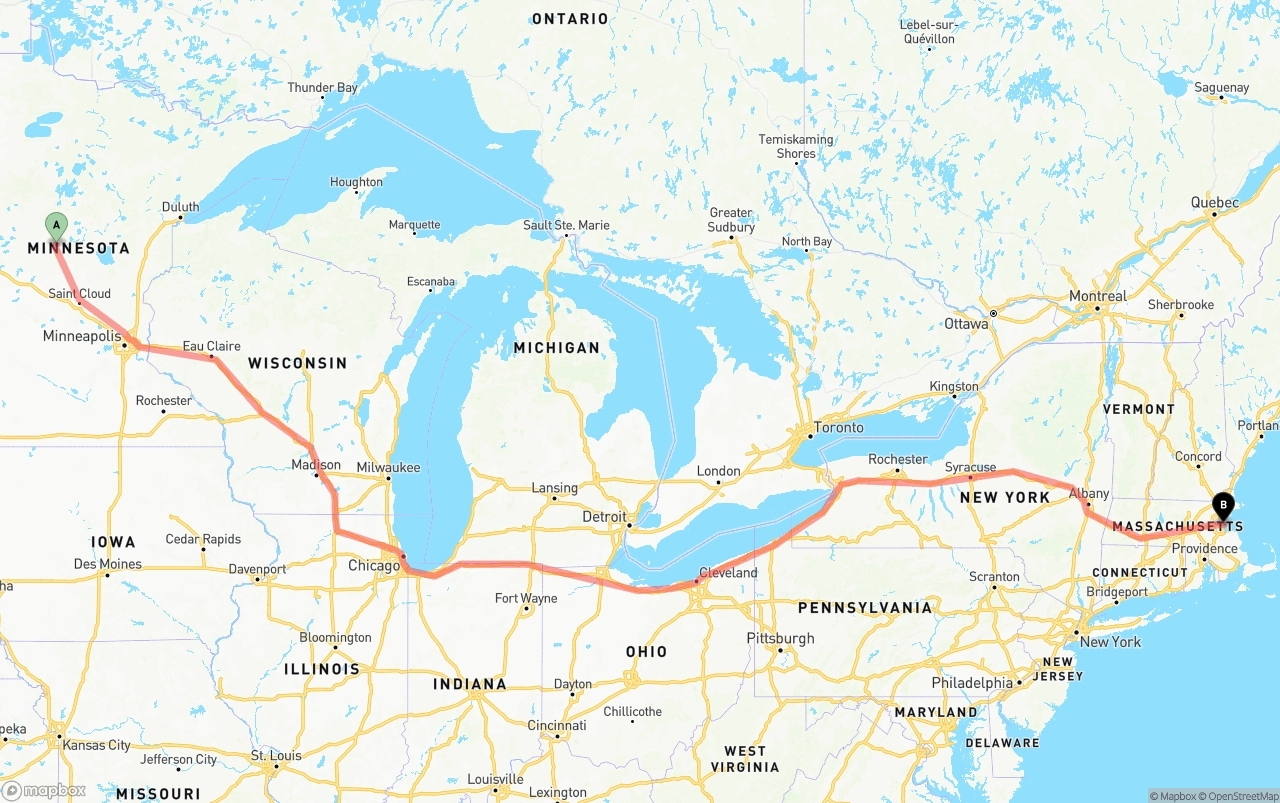 Shipping route from Minnesota to Port of Boston