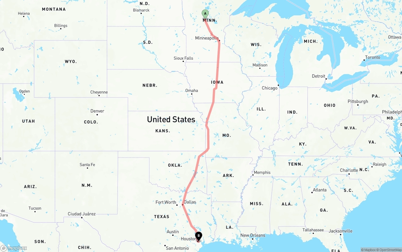 Shipping route from Minnesota to Port of Houston
