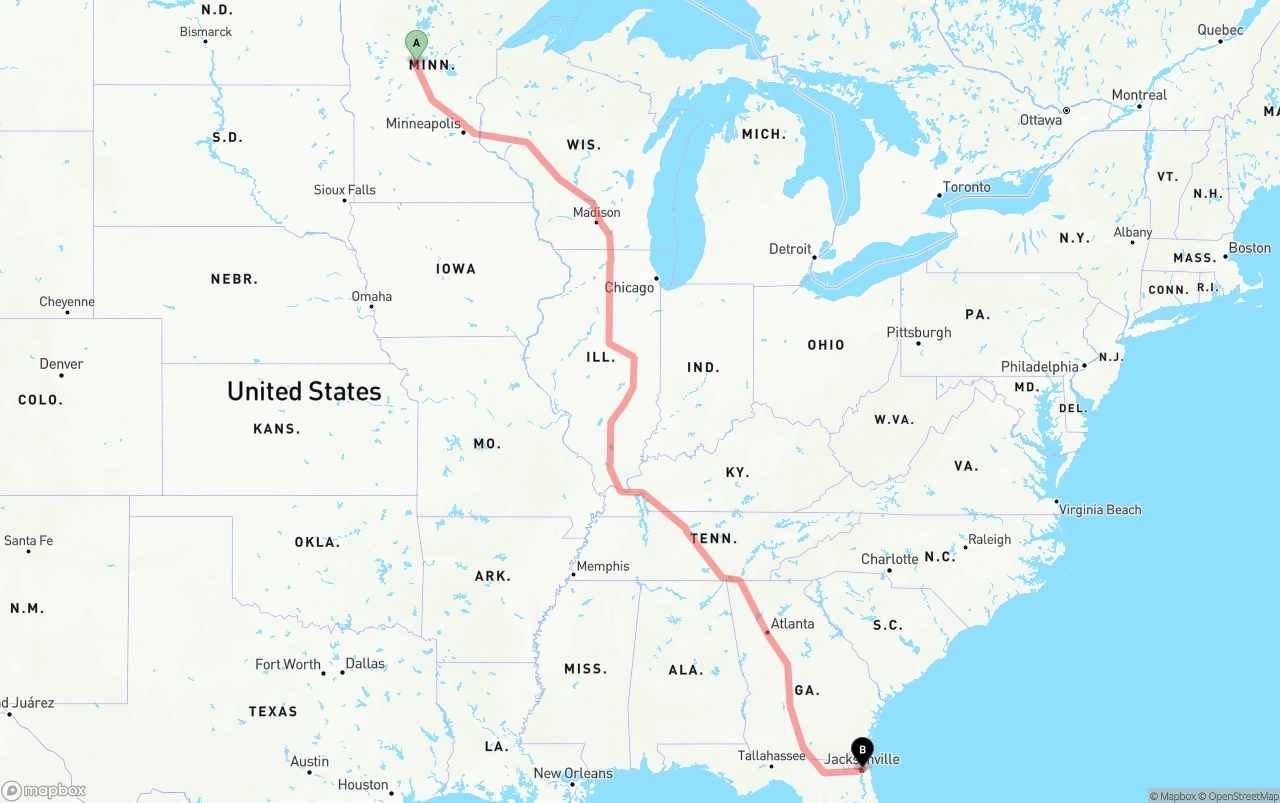 Shipping route from Minnesota to Port of Jacksonville