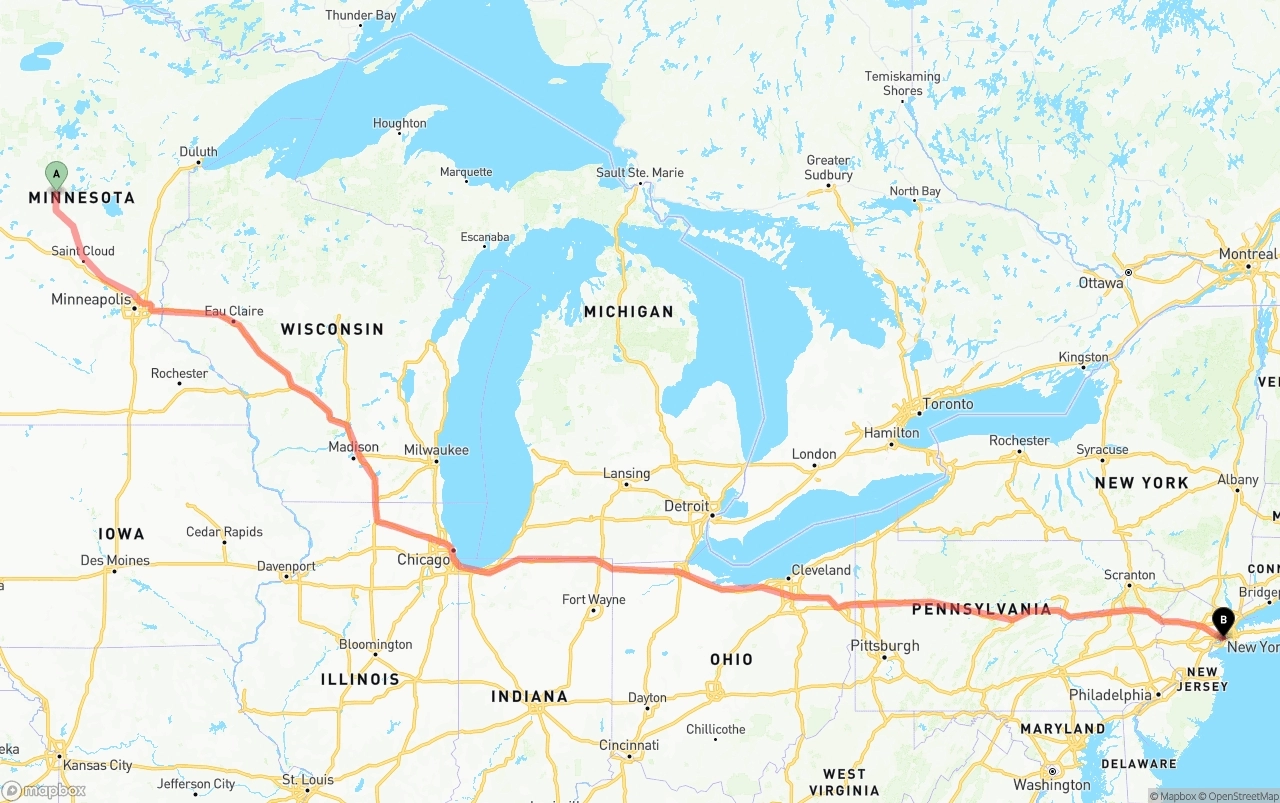 Shipping route from Minnesota to Port of New York