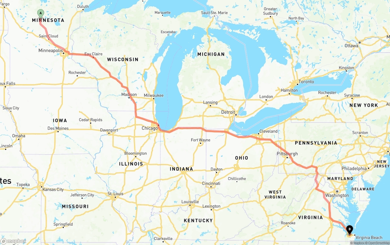 Shipping route from Minnesota to Port of Norfolk