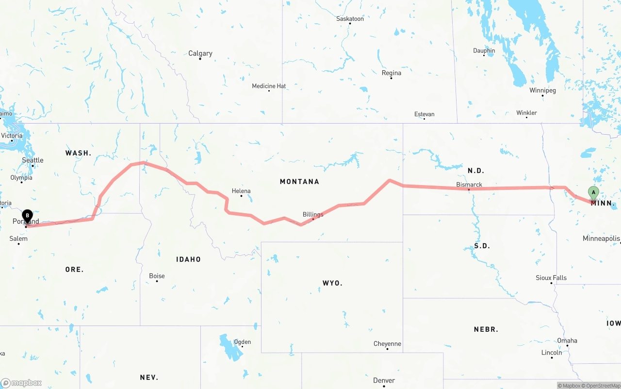 Shipping route from Minnesota to Portland International Airport