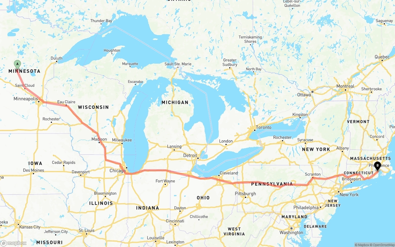 Shipping route from Minnesota to Rhode Island