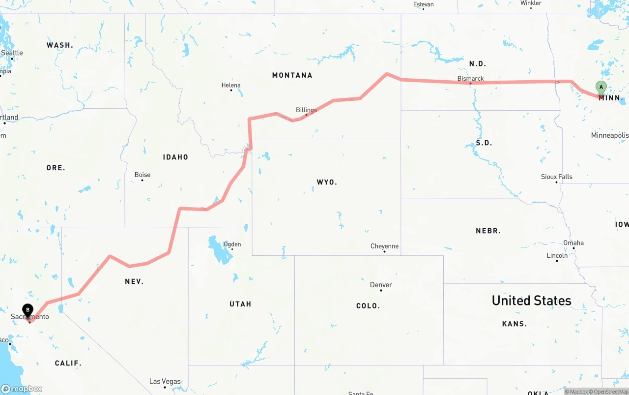 Shipping route from Minnesota to Sacramento International Airport