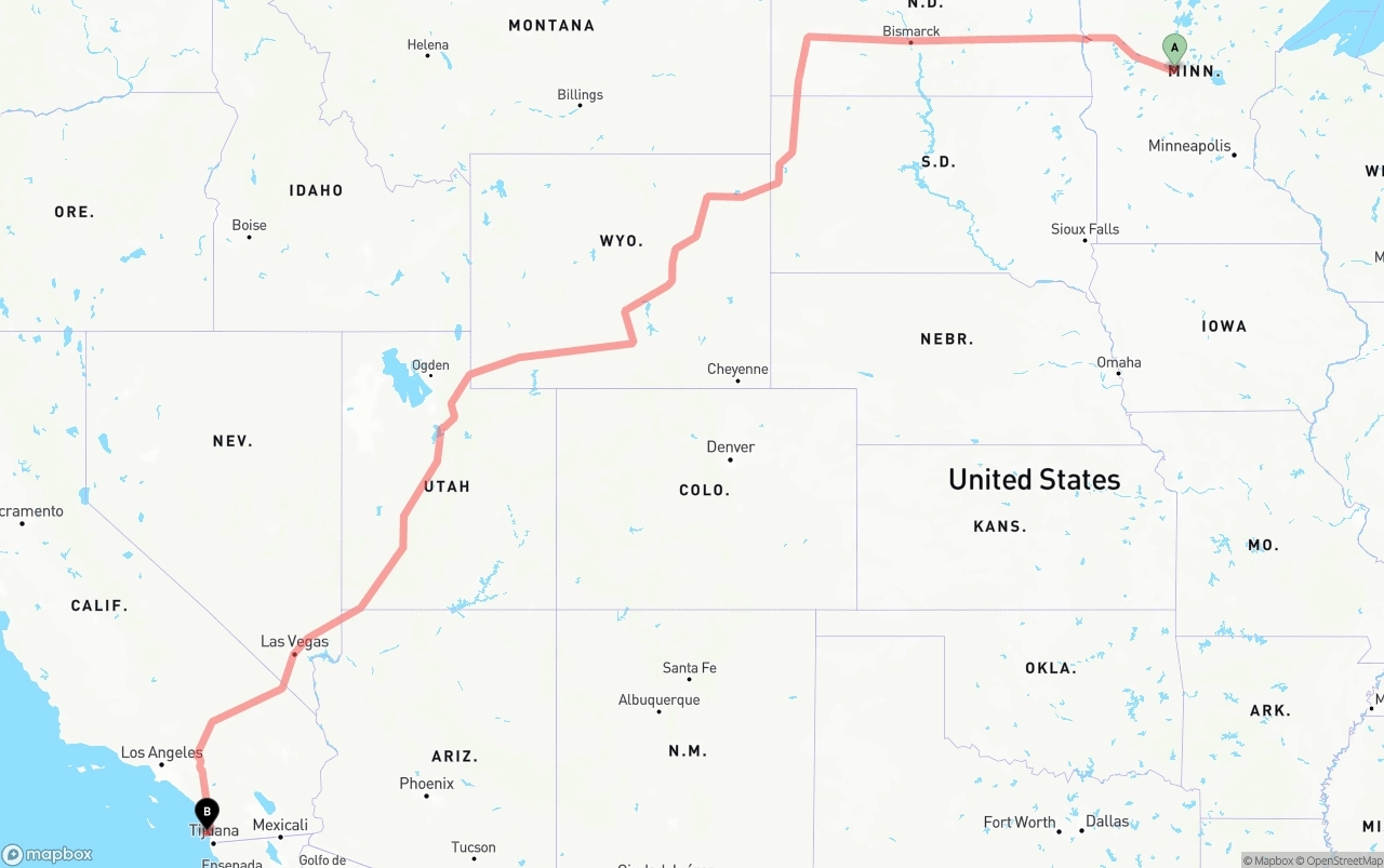 Shipping route from Minnesota to San Diego International Airport