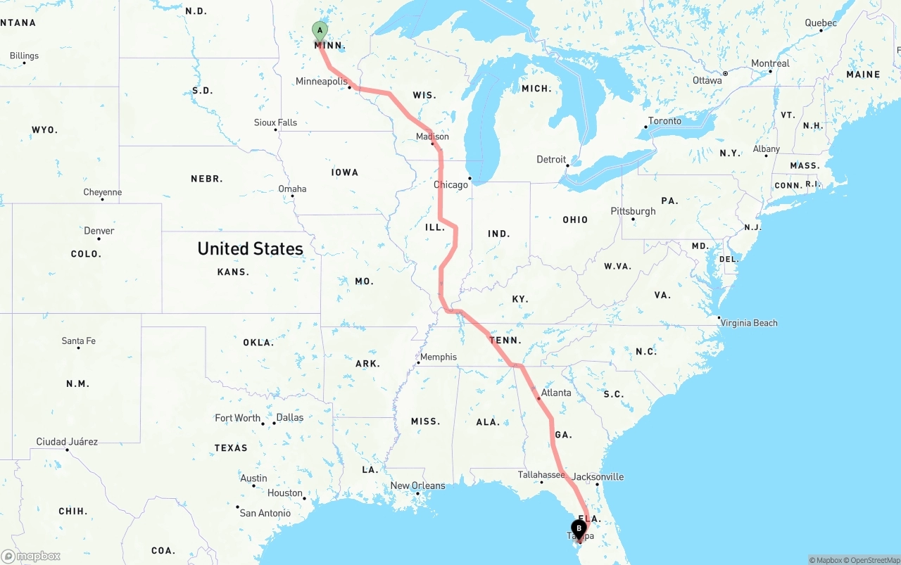 Shipping route from Minnesota to Tampa International Airport
