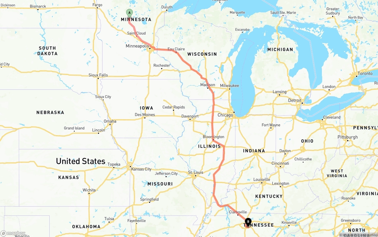 Shipping route from Minnesota to Tennessee