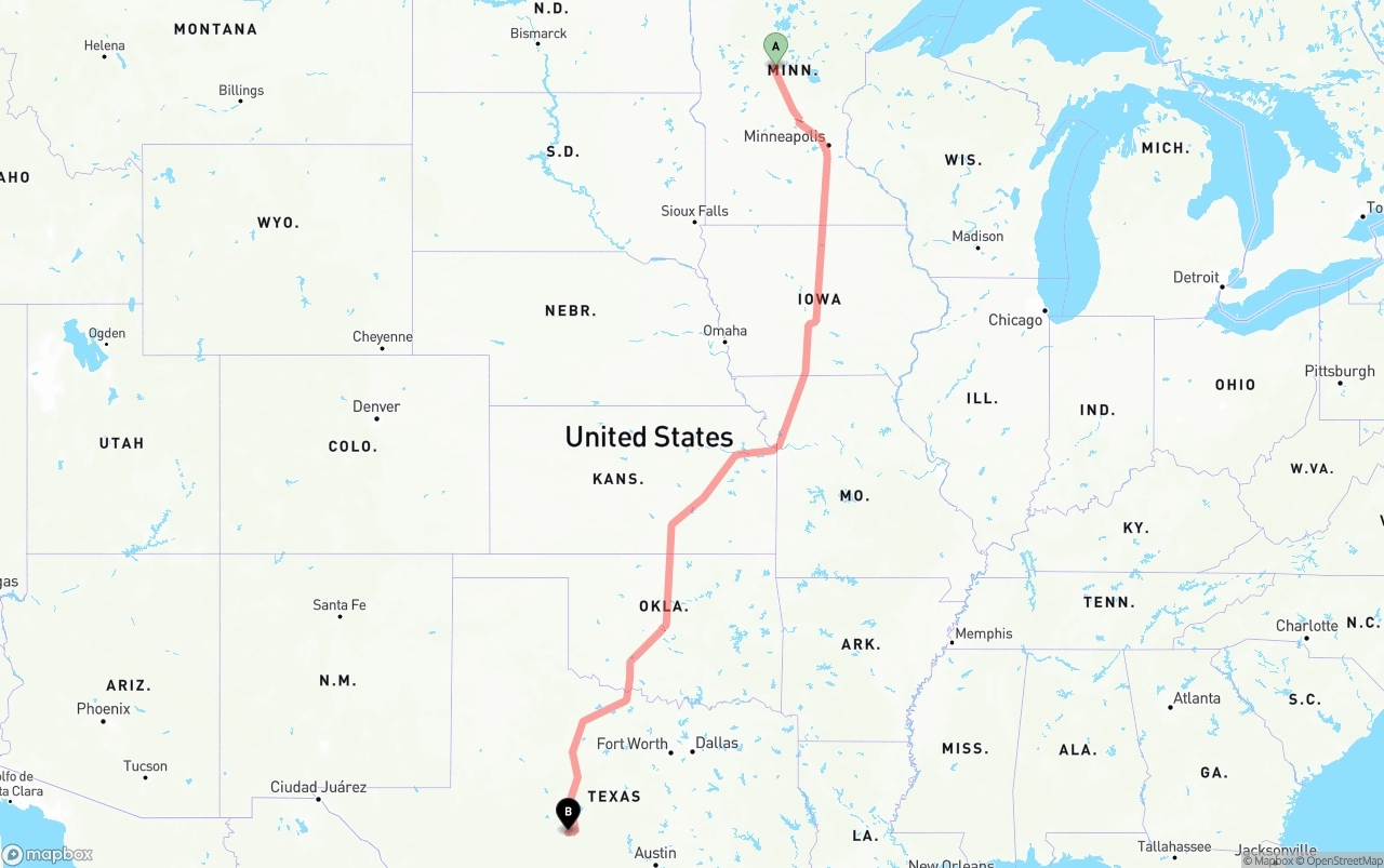 Shipping route from Minnesota to Texas