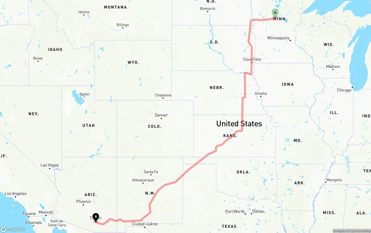 Shipping route from Minnesota to Tucson International Airport