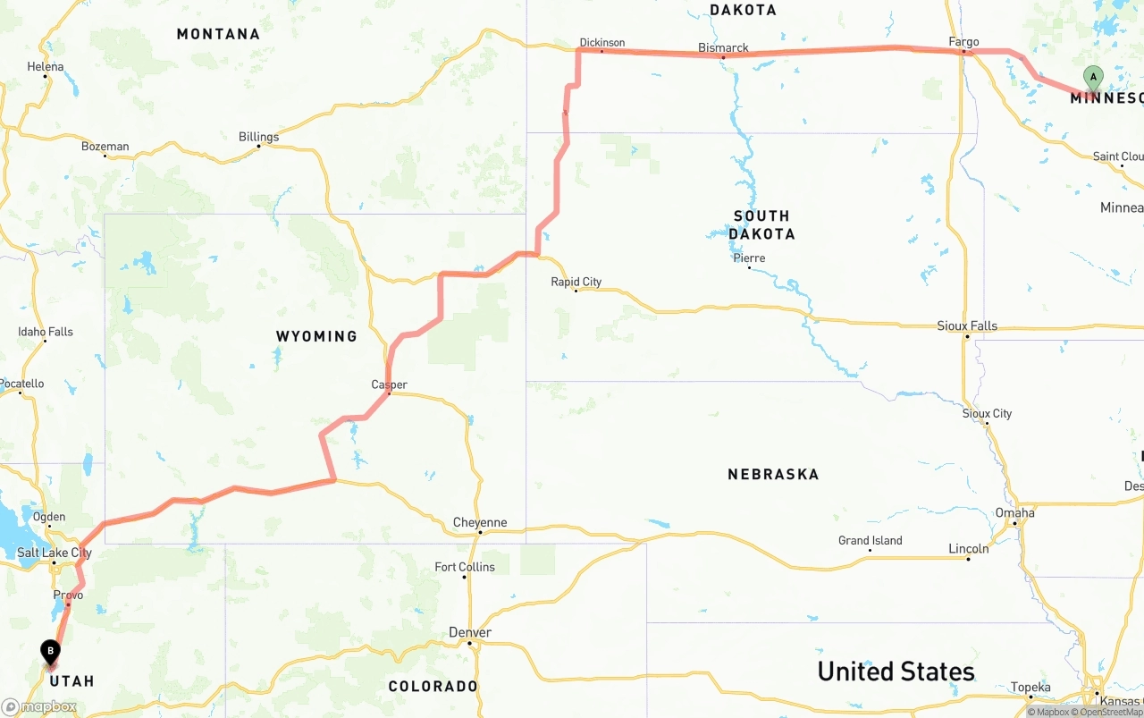 Shipping route from Minnesota to Utah
