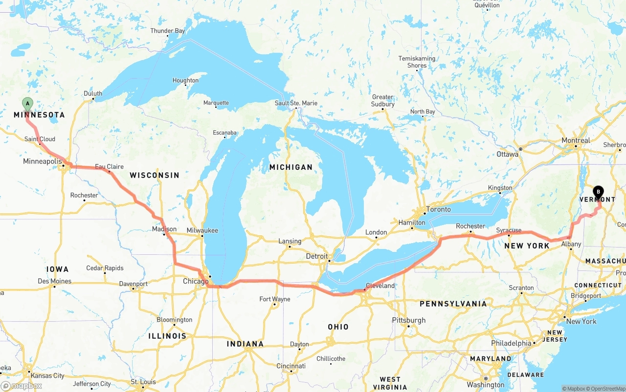 Shipping route from Minnesota to Vermont