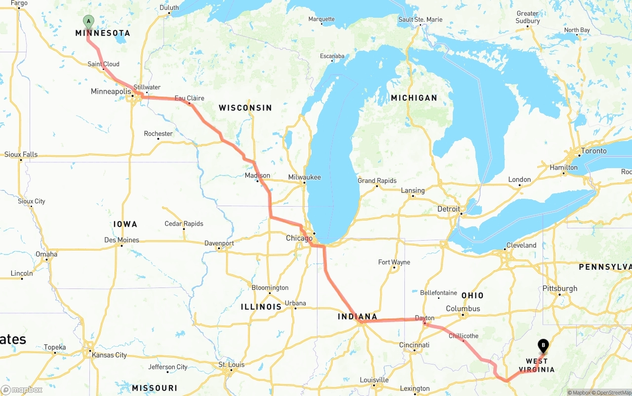Shipping route from Minnesota to West Virginia