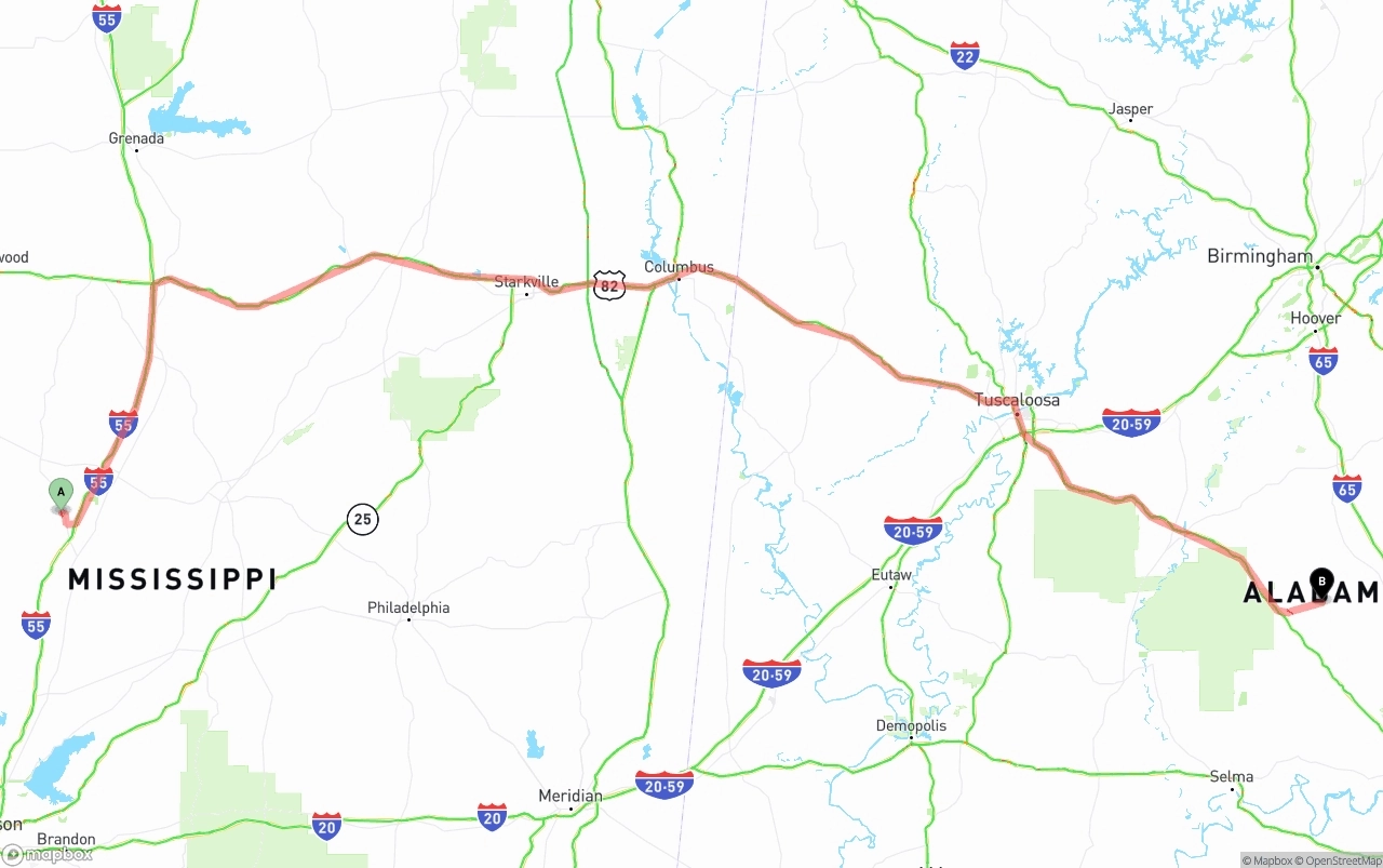 Shipping route from Mississippi to Alabama