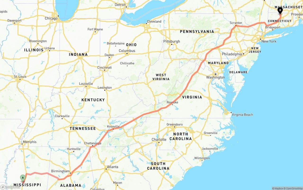Shipping route from Mississippi to Bradley International Airport